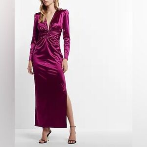 Plum Satin Plunge V-Neck Padded Shoulder Twist Front Maxi Dress by Express